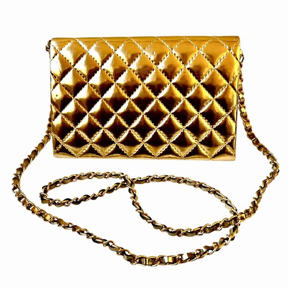 Vintage Gold Faux Patent Leather Crossbody Handbag Padded Flap Turn Lock - Picture 3 of 10